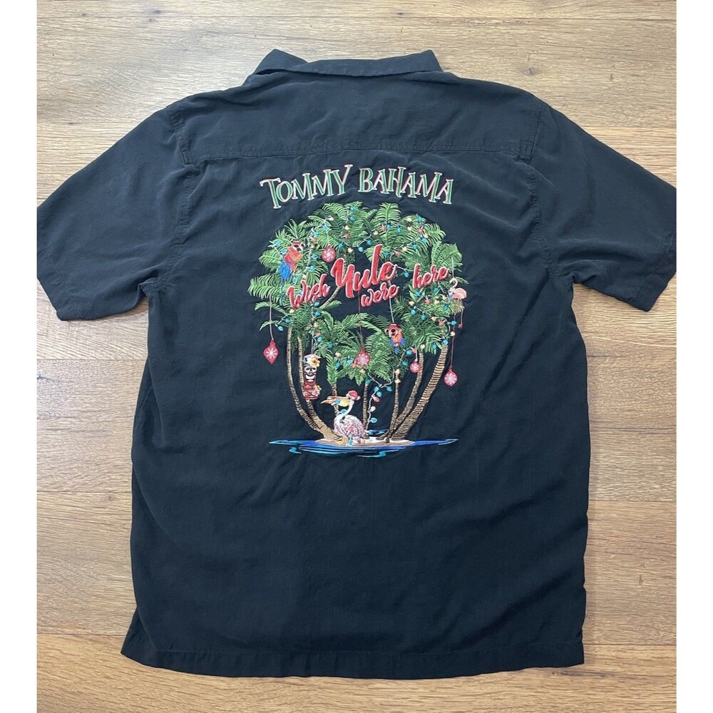 Tommy Bahama Men Embroidered Wish Yule Were Here Button Shirt Black Christmas M